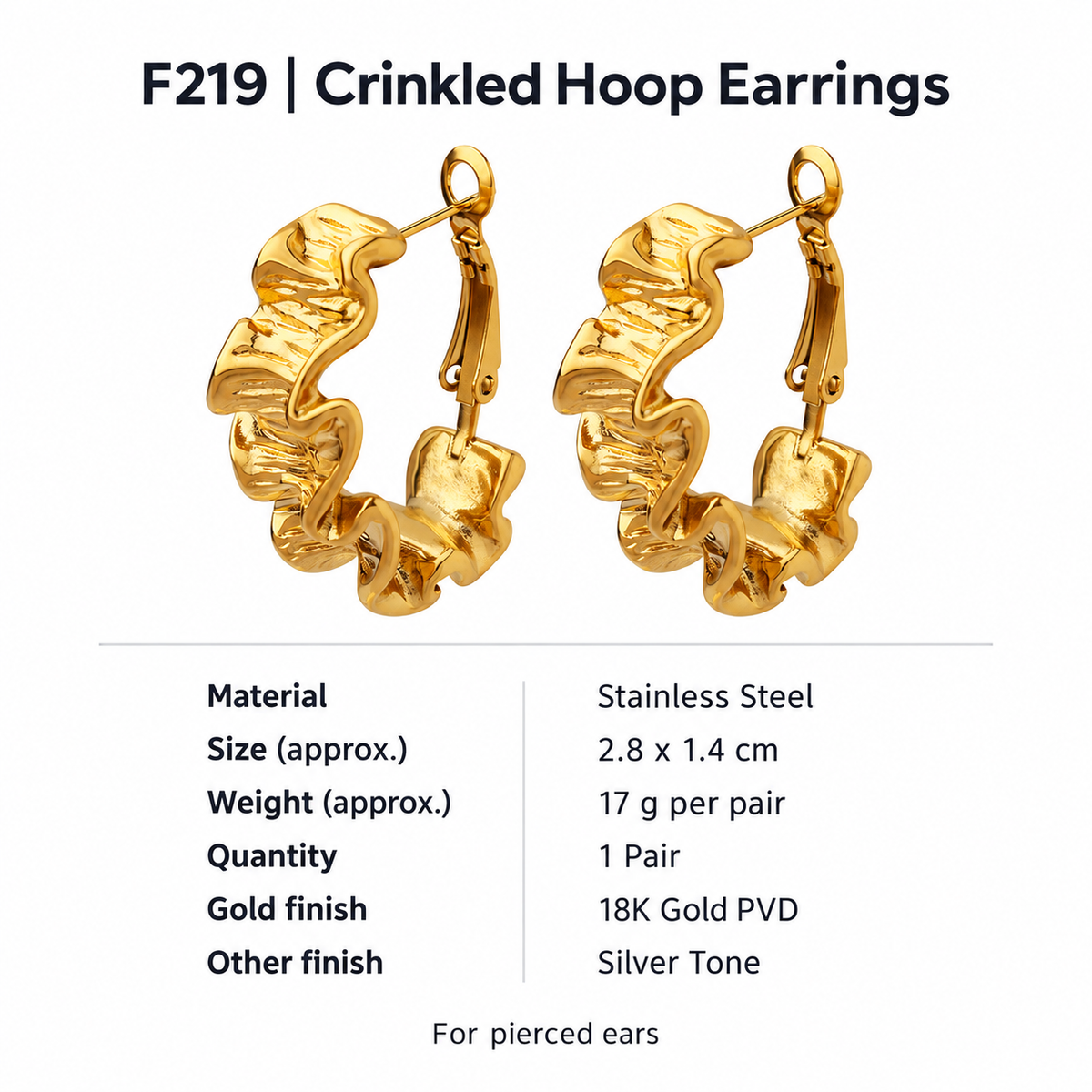 F219 crinkled stainless steel hoop earrings size and material guide: approximately 2.8 by 1.4 cm, 17 g per pair, gold PVD or silver-tone finish.