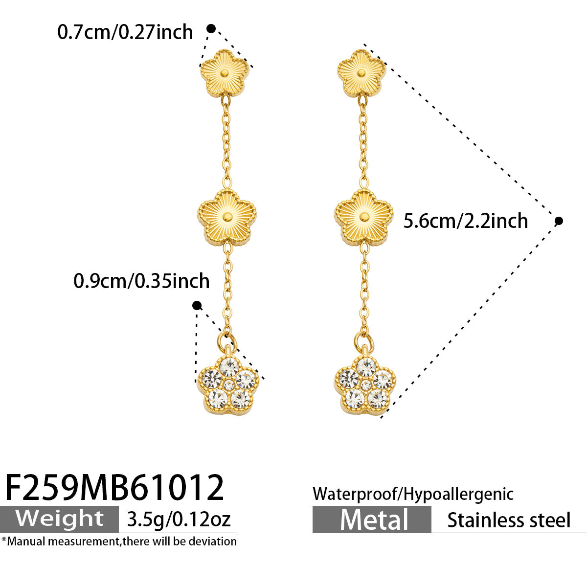 Flower drop earrings size guide showing the long chain silhouette, floral details and approximate product dimensions