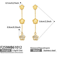 Flower drop earrings size guide showing the long chain silhouette, floral details and approximate product dimensions