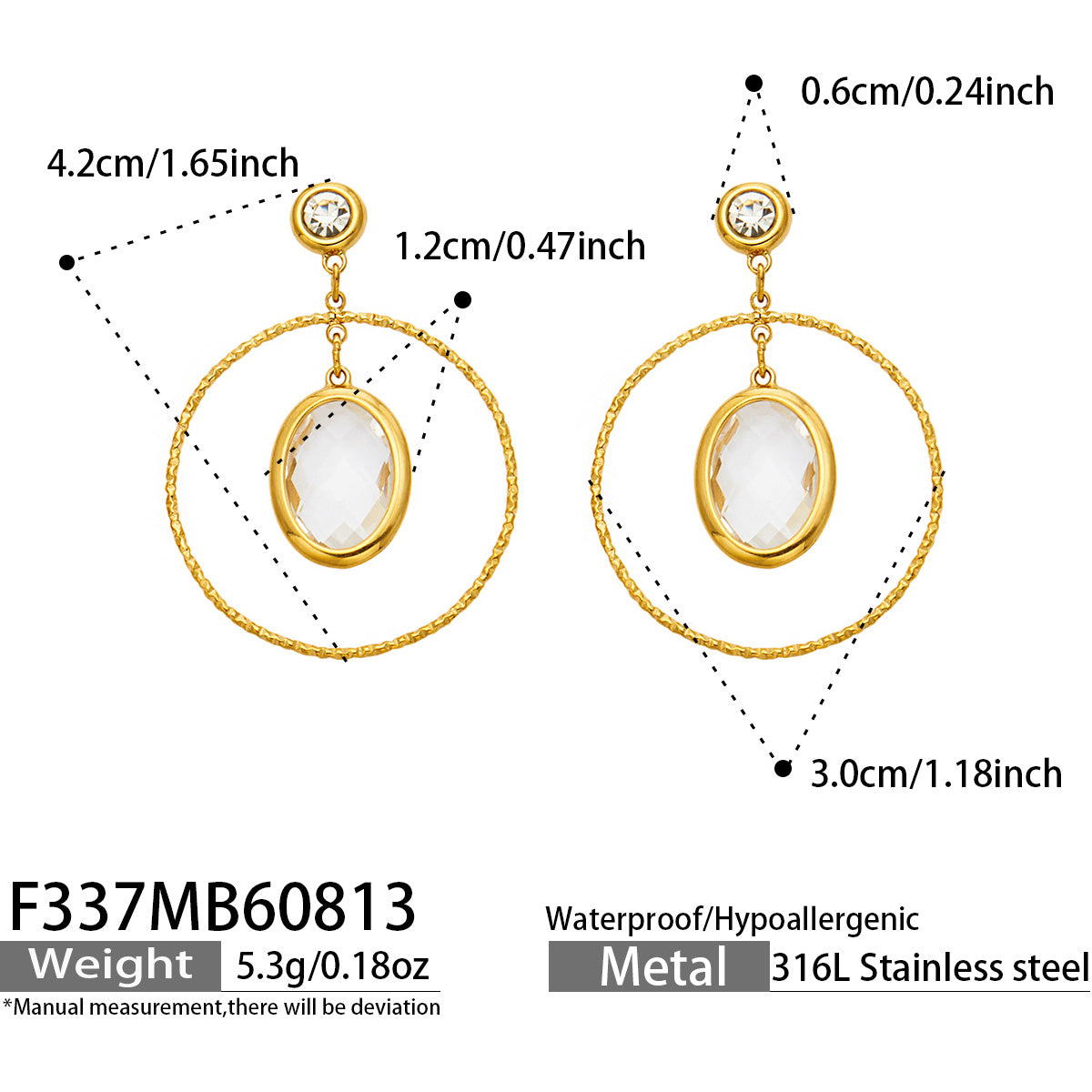 F337 white glass stone double oval drop earrings size and product details