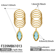 Blue glass stone drop earrings size guide showing the geometric multi-loop design and faceted stone dimensions