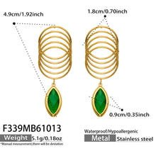 Green glass stone drop earrings dimension guide showing layered open loops and marquise-shaped glass pendant size