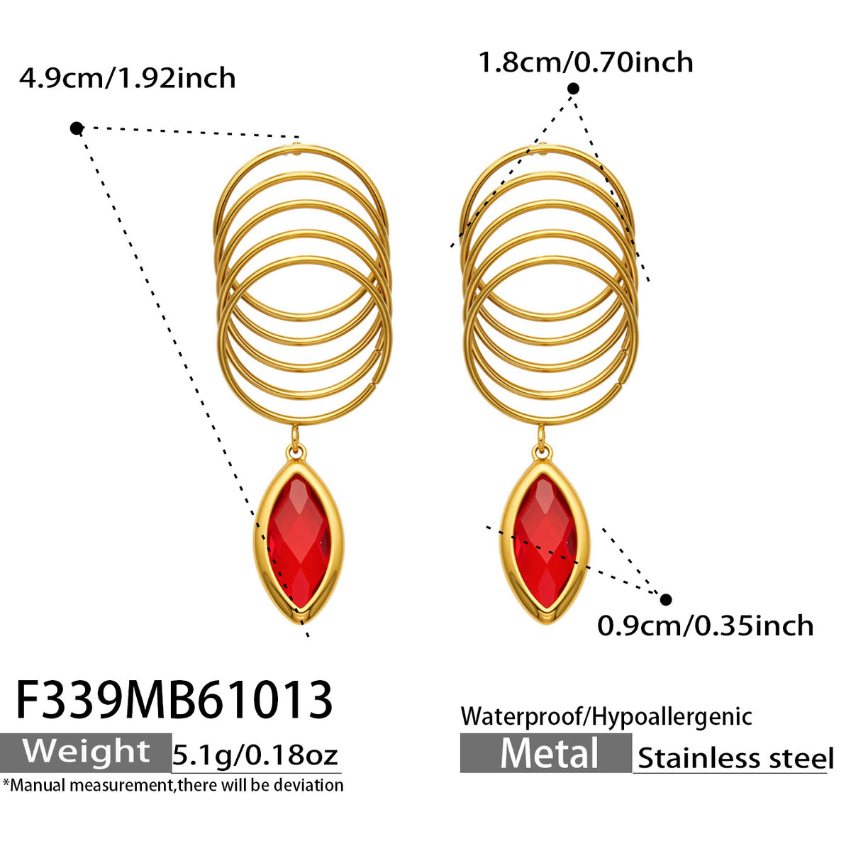 Red glass stone drop earrings dimension image showing layered gold-tone loops and faceted marquise pendant size