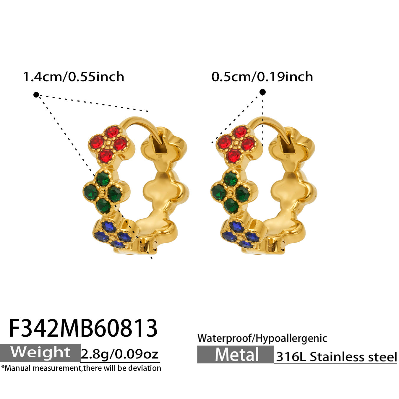 F342 multicolor CZ gold four-leaf clover huggie earrings size and product details
