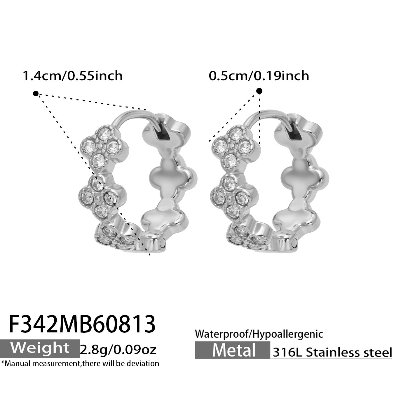 F342 white CZ steel four-leaf clover huggie earrings size and product details