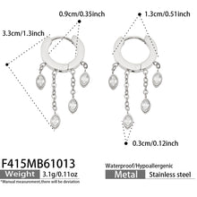 Silver marquise zircon dangle hoop earrings size guide showing hoop diameter, chain drops and charm dimensions