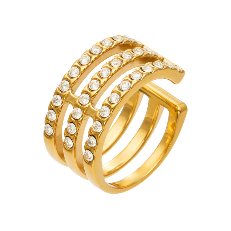 Gold multi-row zircon ear cuff with three crystal-set bands and a non-pierced stainless steel design