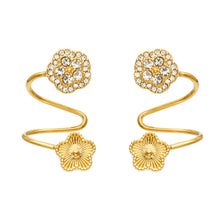 Gold flower ear cuff with zircon-set top flower and sculptural spiral design in stainless steel