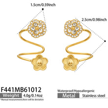 Gold flower ear cuff size guide showing approximately 1.5 cm floral detail and spiral cuff dimensions