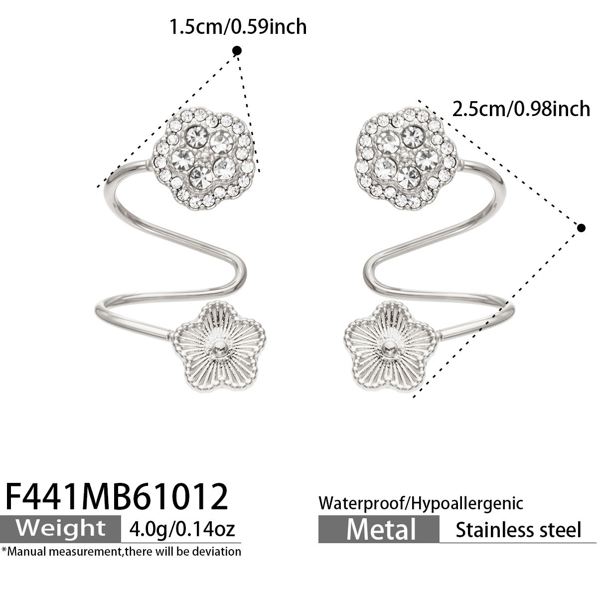Silver flower zircon ear cuff dimension image showing floral size and non-pierced spiral structure