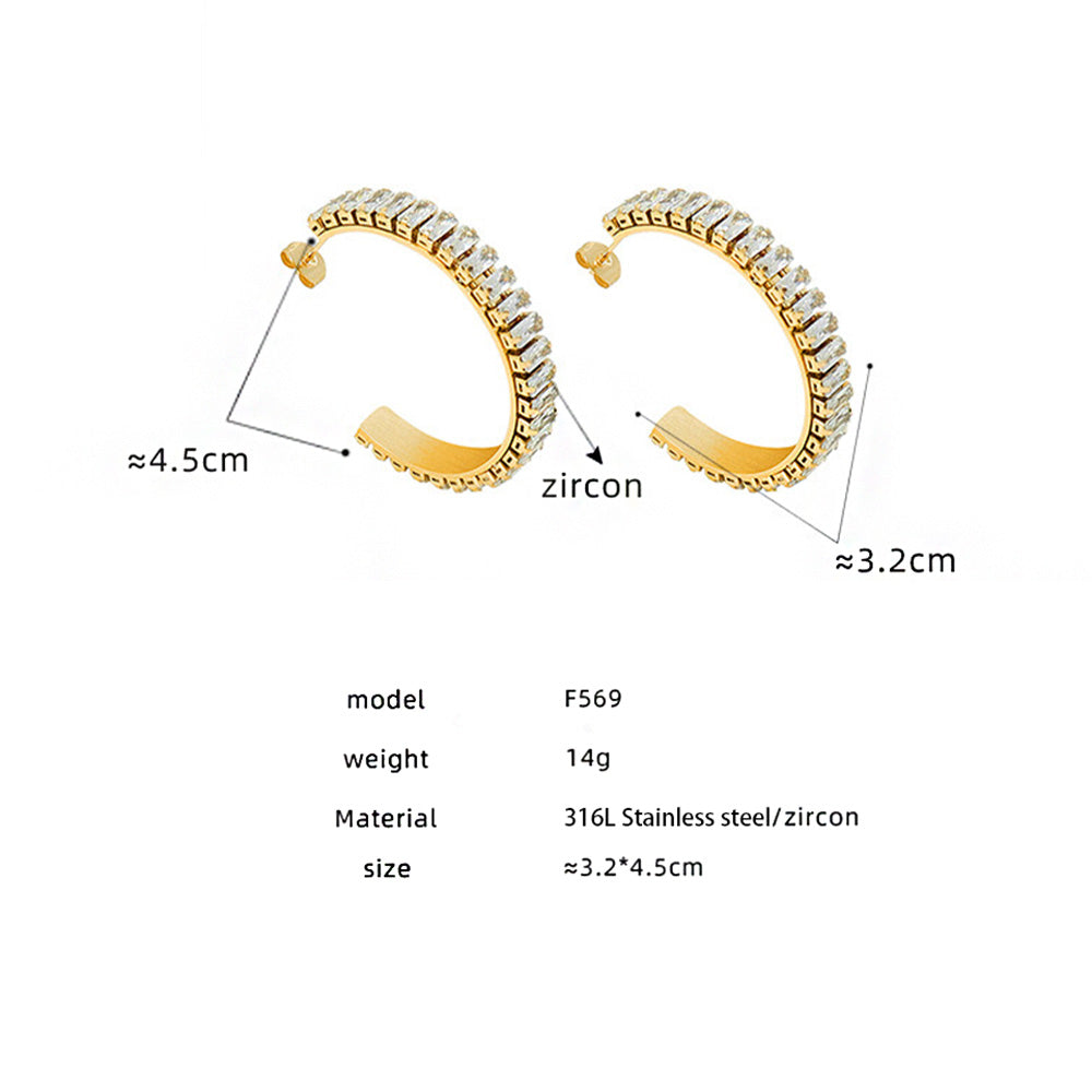 F569 C-shaped cubic zirconia hoop earrings size and product detail guide