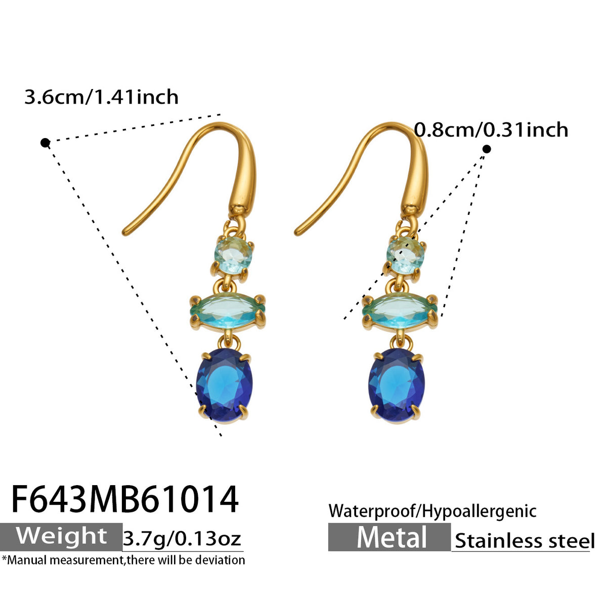 Measurement diagram of blue three-stone drop earrings showing the gold fishhook design and blue faceted stones