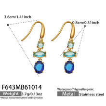 Measurement diagram of blue three-stone drop earrings showing the gold fishhook design and blue faceted stones