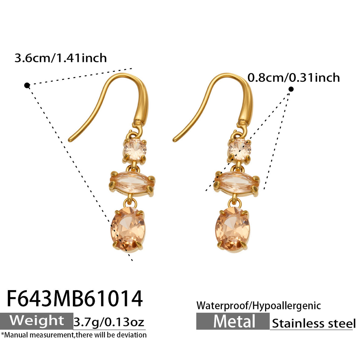 Product size chart of champagne-colored gold fishhook earrings featuring light golden stone accents and oval drops