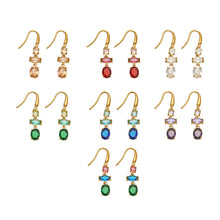 Gold-tone stainless steel fishhook drop earrings displayed in seven faceted stone color combinations, including clear, red, green, blue, purple, champagne and multicolor