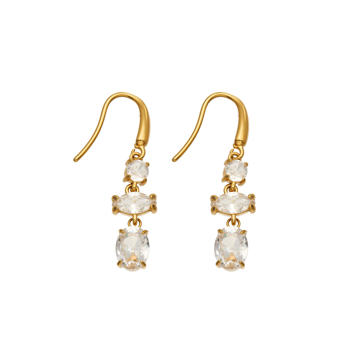Front view of a pair of gold fishhook drop earrings with three sparkling clear stones arranged vertically