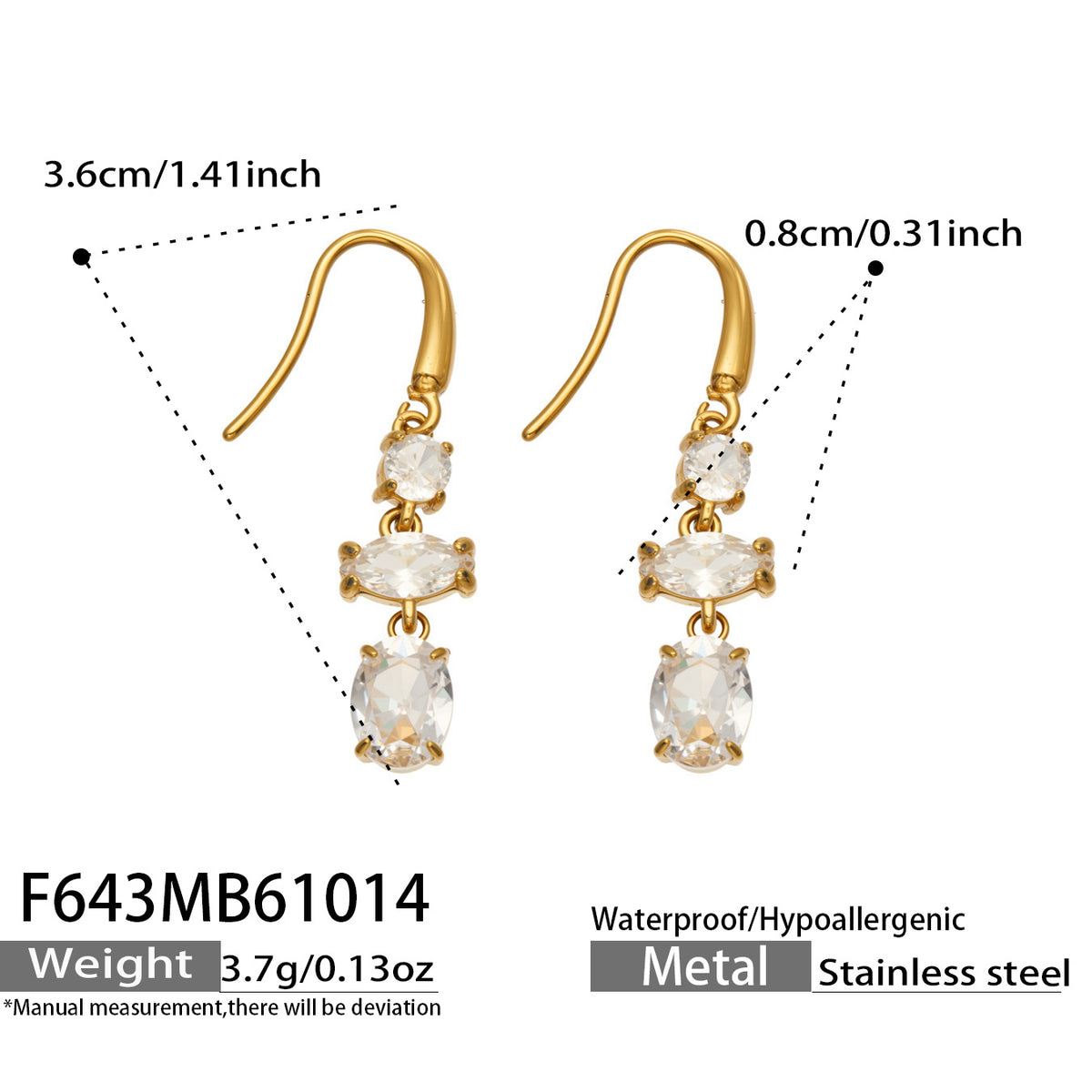 Dimension guide for gold-tone clear stone drop earrings showing the curved fishhook wires and three-stone design