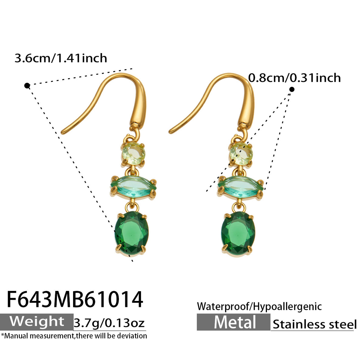 Dimension guide for green stone gold-tone drop earrings with a curved fishhook and vertically arranged faceted stones