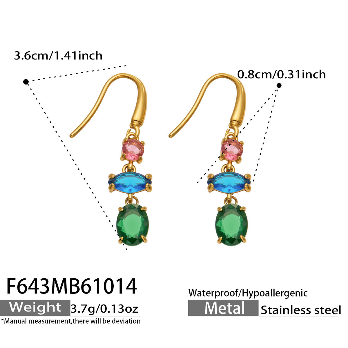 Product size diagram of gold multicolor drop earrings with pink, blue and green faceted stones