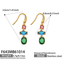 Product size diagram of gold multicolor drop earrings with pink, blue and green faceted stones