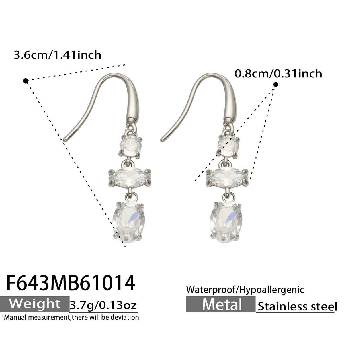 Size diagram of silver-tone three-stone fishhook earrings showing the hanging length, hook and clear oval stone dimensions