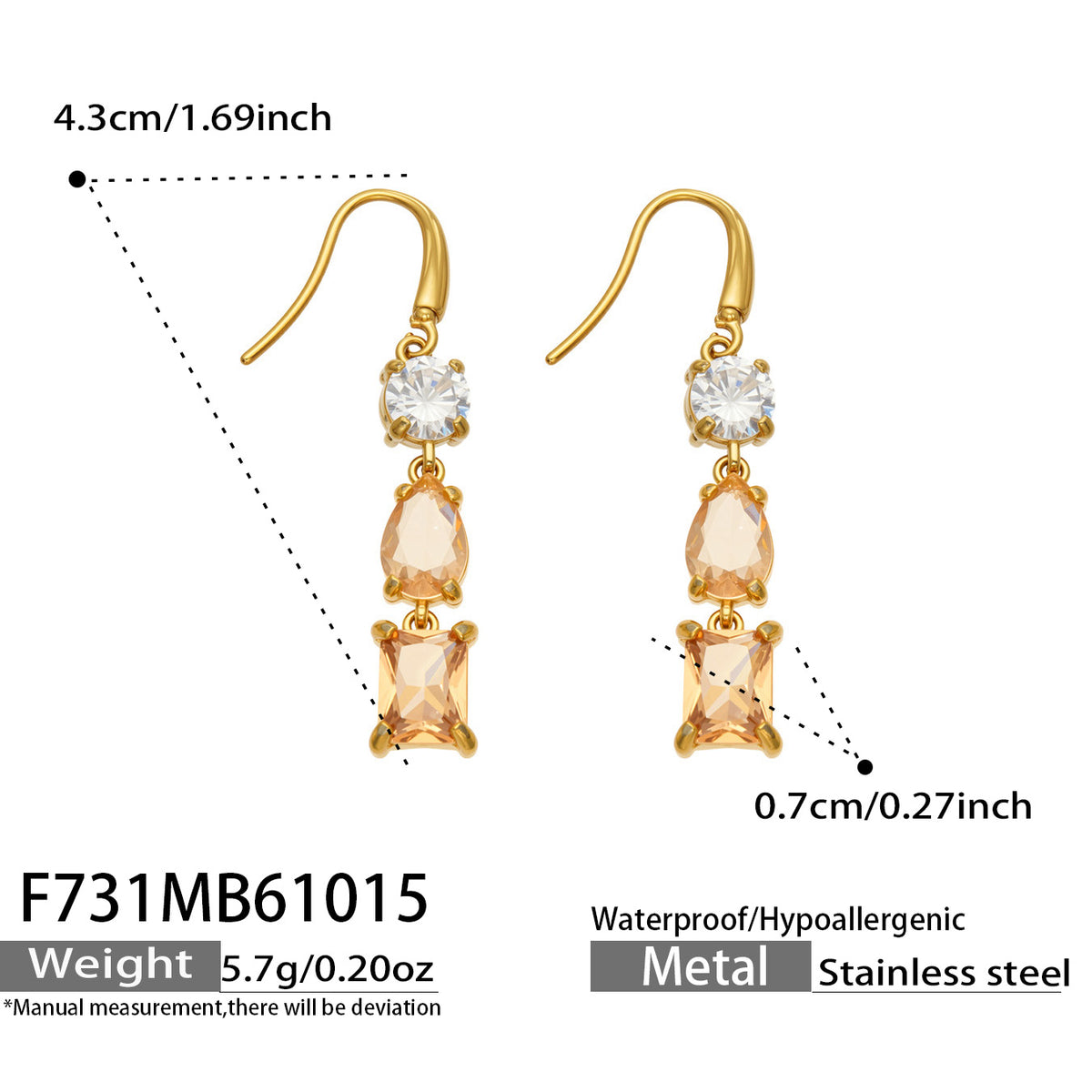 Product dimension diagram of champagne-colored gold drop earrings showing three mixed-cut stones and curved fishhook wires
