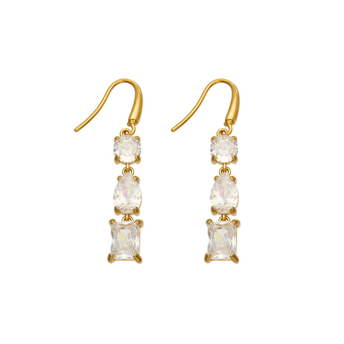 Pair of gold-tone stainless steel fishhook drop earrings with clear round, pear-shaped and rectangular stones on a white background