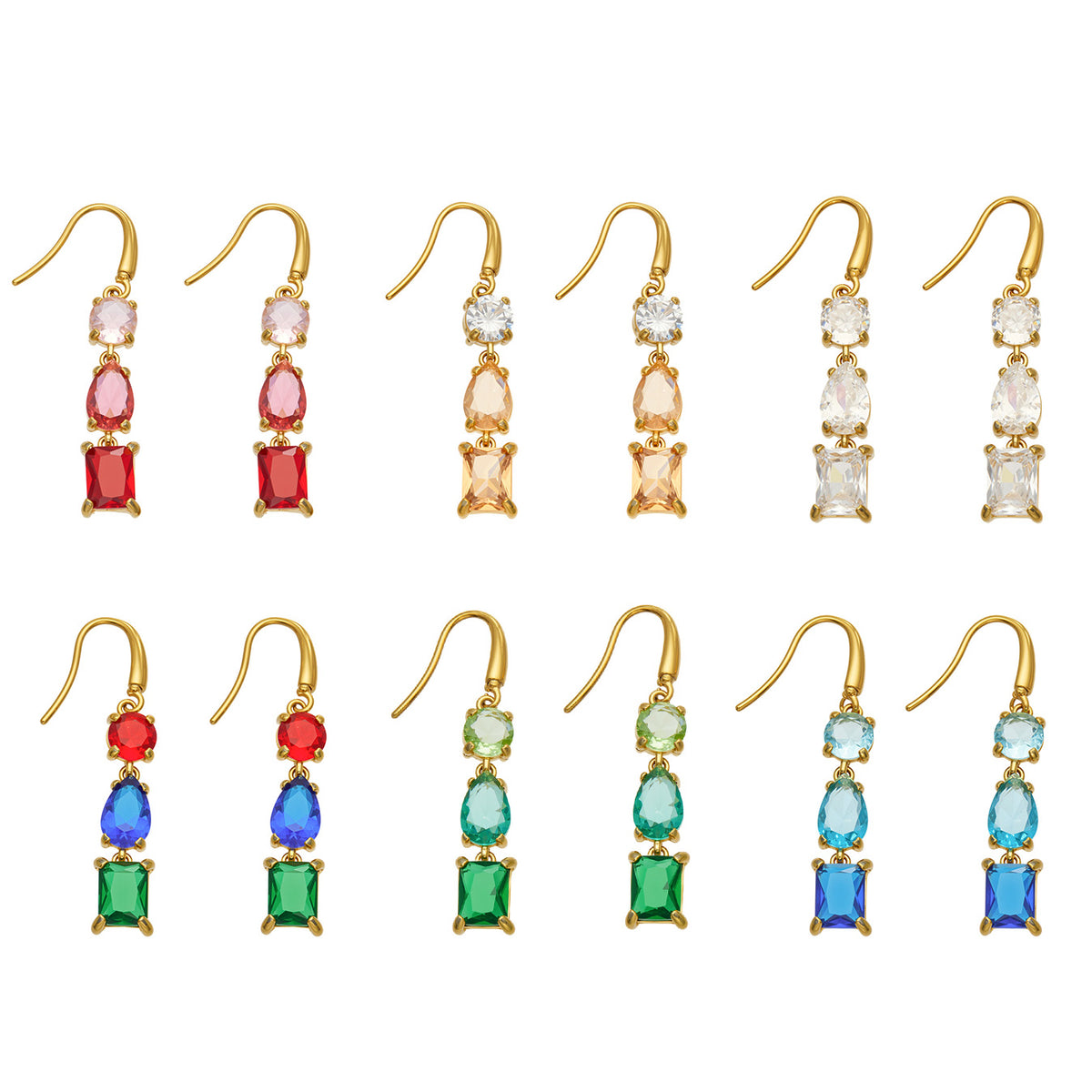 Gold-tone stainless steel three-stone drop earrings displayed in six color combinations with fishhook wires and mixed-cut stones