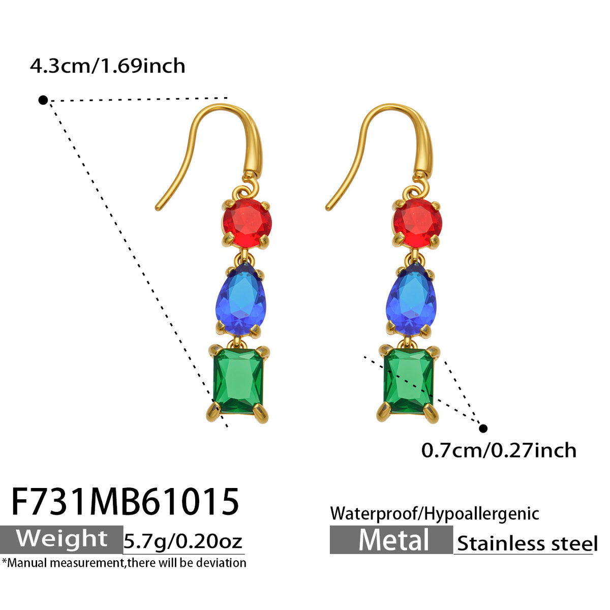 Product dimension guide for multicolor geometric drop earrings with red, blue and green stones and gold fishhook closures