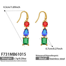 Product dimension guide for multicolor geometric drop earrings with red, blue and green stones and gold fishhook closures