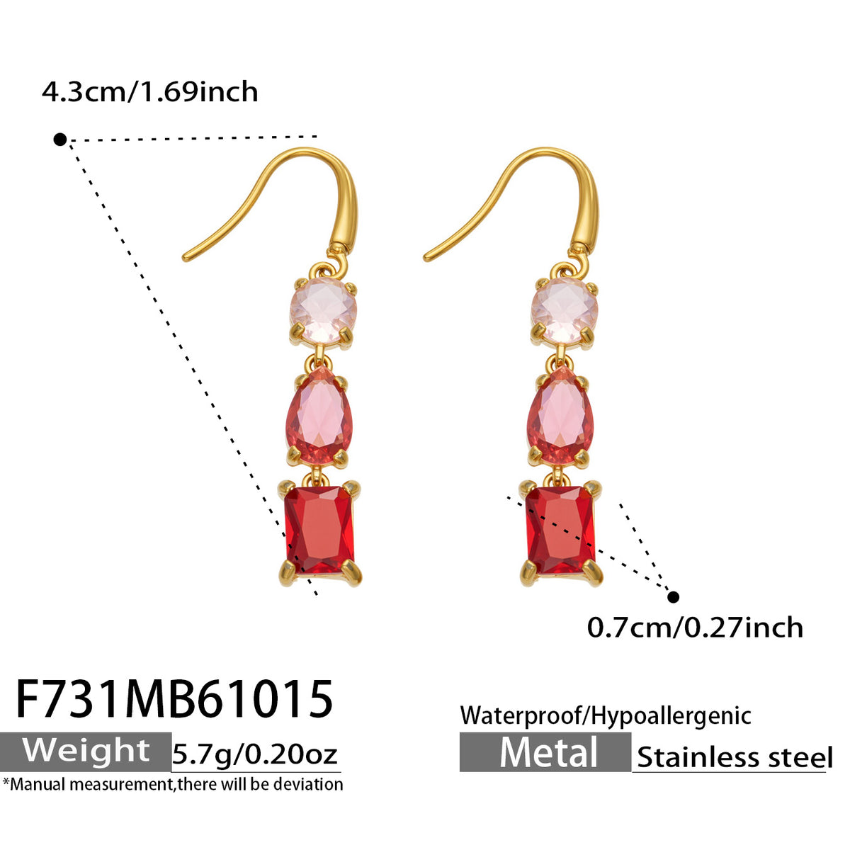 Size reference for gold geometric drop earrings with pink and red faceted stones arranged vertically