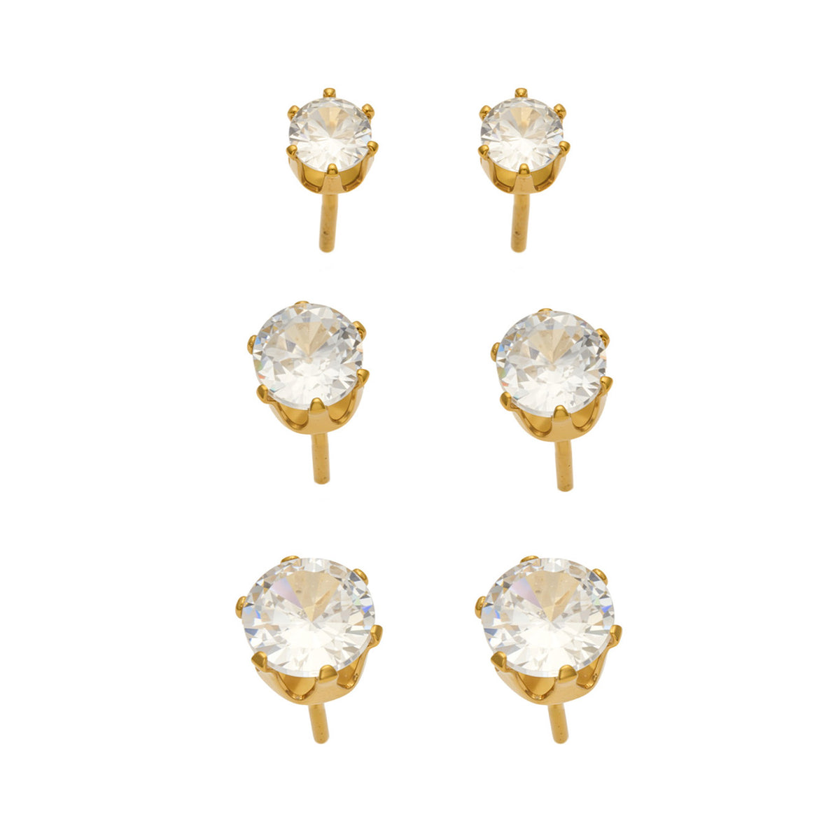 Gold-tone stainless steel six-prong stud earrings shown in three round clear stone sizes: 4mm, 5mm and 6mm