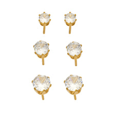 Gold-tone stainless steel six-prong stud earrings shown in three round clear stone sizes: 4mm, 5mm and 6mm