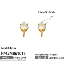 Size diagram of 4mm gold-tone six-prong stud earrings showing the round stone and post construction