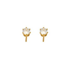 Pair of 4mm gold-tone stainless steel six-prong stud earrings with clear round stones displayed on a white background