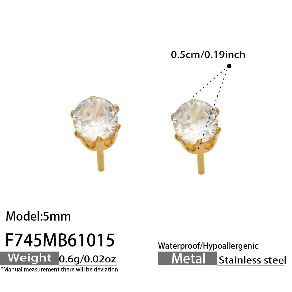 Product dimensions for 5mm gold-tone round solitaire stud earrings with six-prong settings