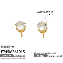 Product dimensions for 5mm gold-tone round solitaire stud earrings with six-prong settings
