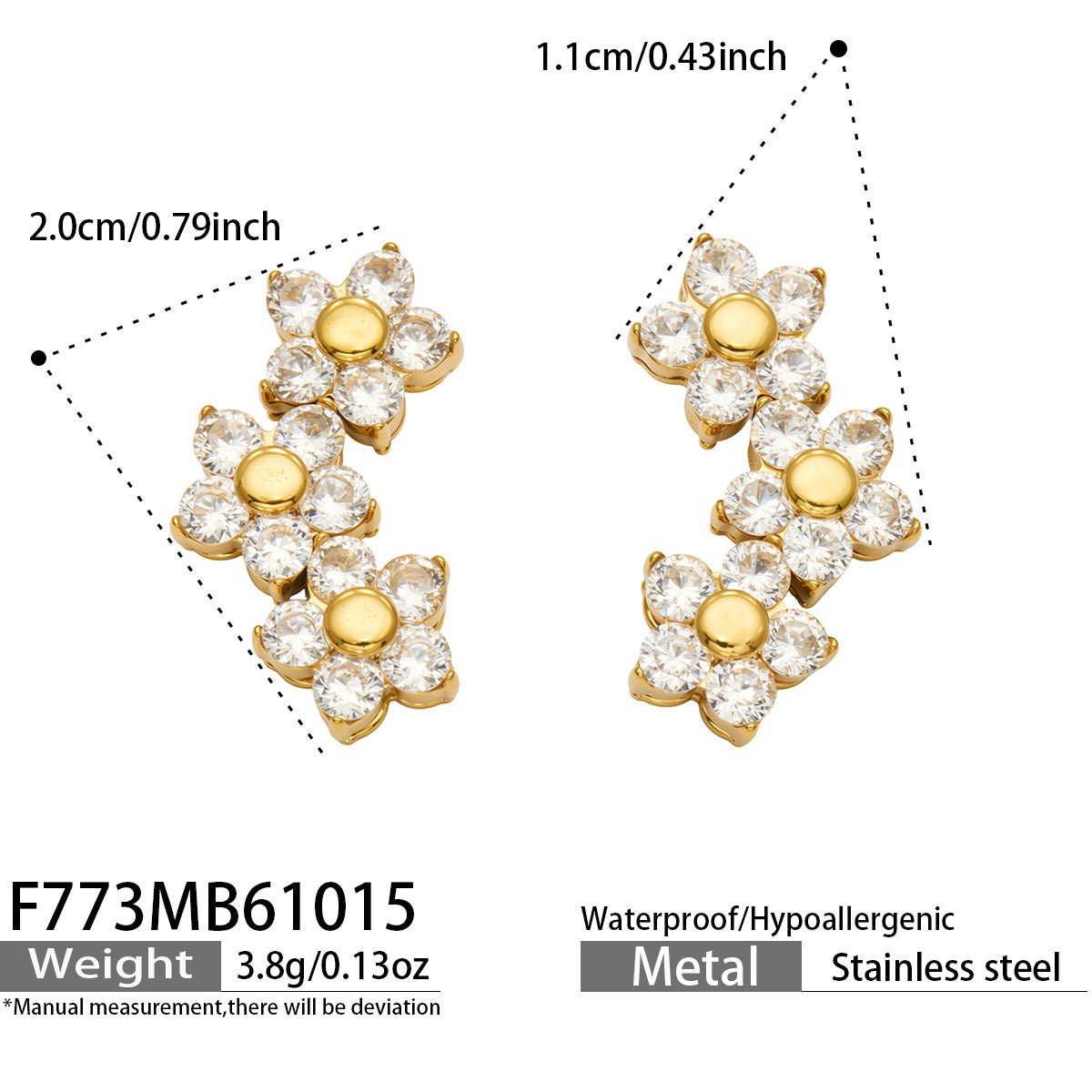 Product dimension diagram of gold three-flower cluster earrings showing the cascading design and measurements