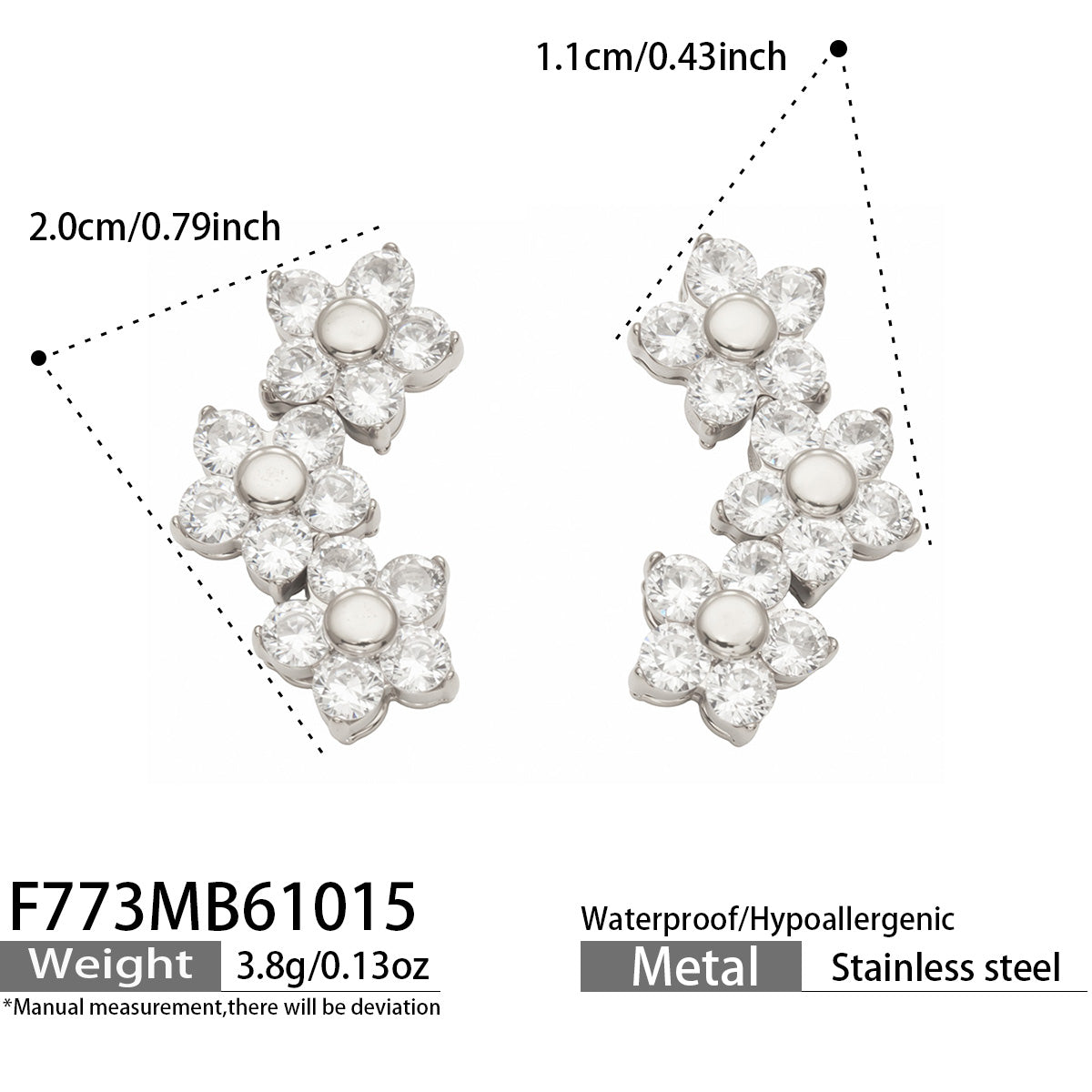Size guide for silver three-flower cluster earrings showing the overall dimensions, front view and floral details