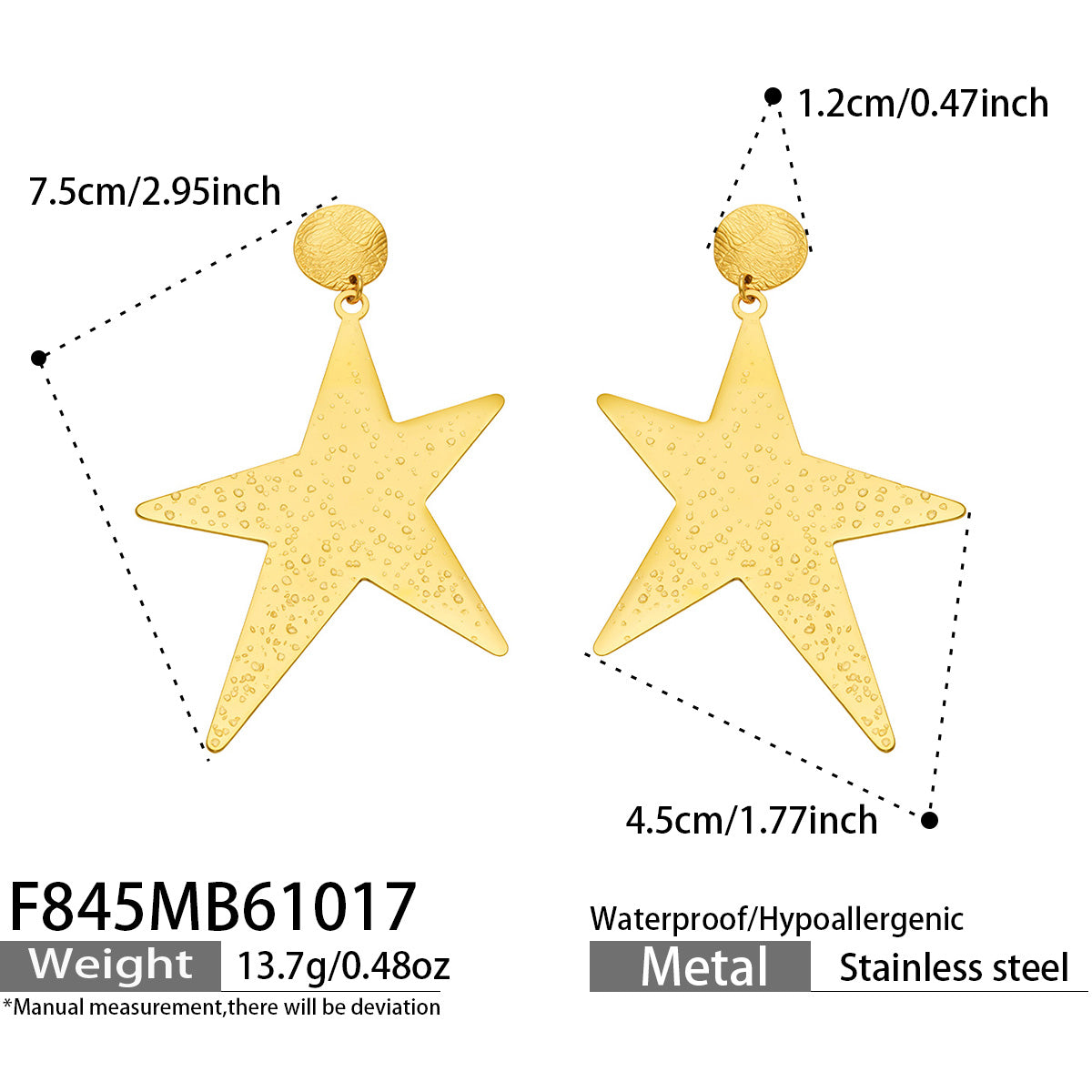 F845 stainless steel star drop earrings with 18K PVD gold-tone finish, size and weight specifications