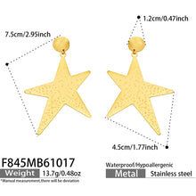 F845 stainless steel star drop earrings with 18K PVD gold-tone finish, size and weight specifications