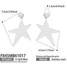 F845 steel-tone stainless steel star drop earrings with size and weight specifications