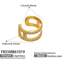 F855 stainless steel rhinestone clip-on ear cuff with 18K PVD gold-tone finish and size specifications