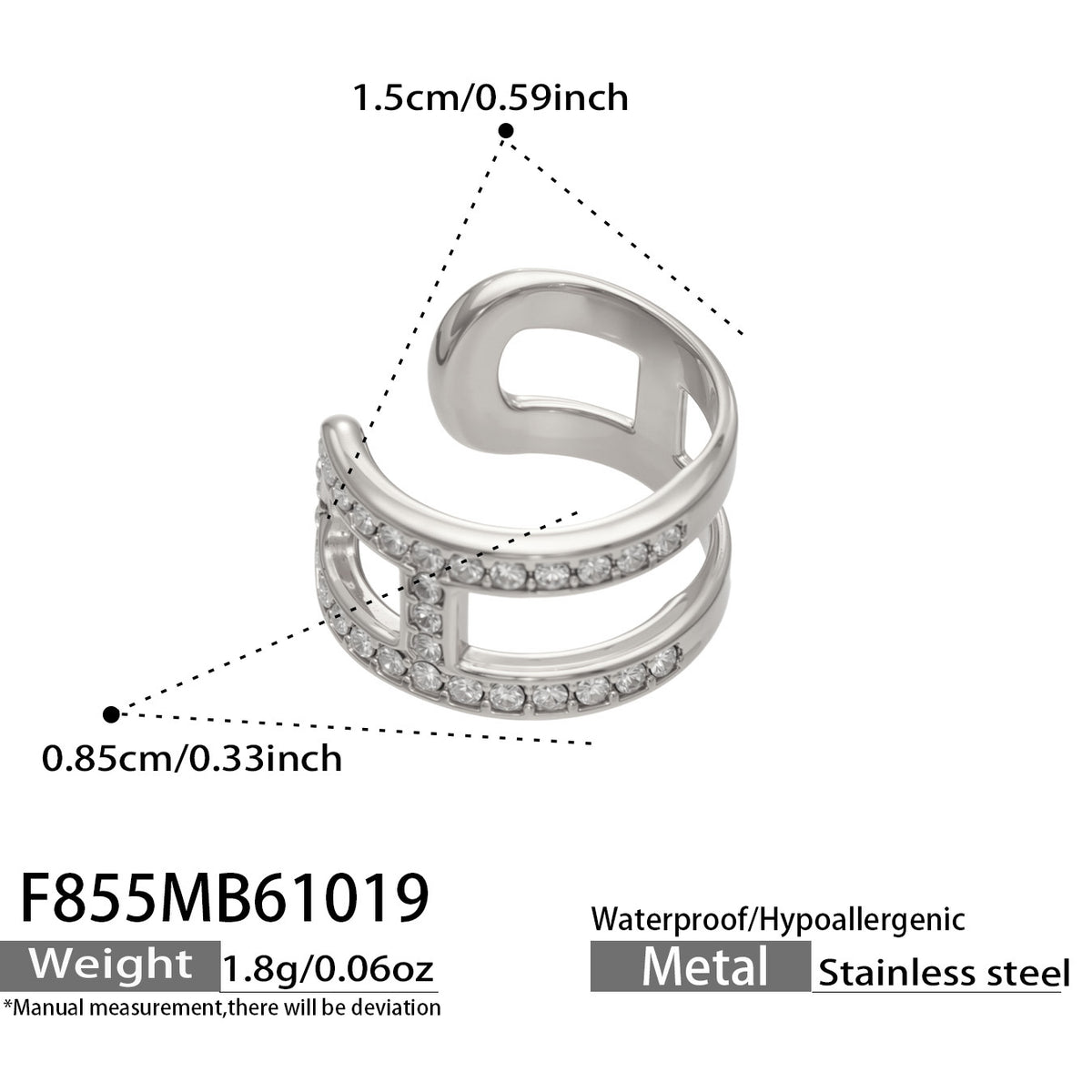 F855 steel-tone stainless steel clip-on ear cuff with rhinestone accents and size specifications