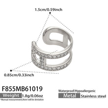 F855 steel-tone stainless steel clip-on ear cuff with rhinestone accents and size specifications