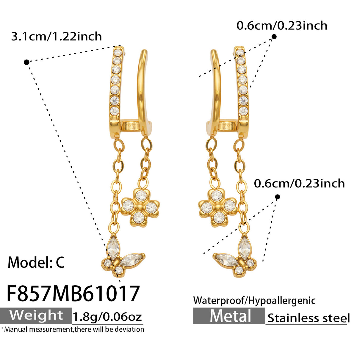 F857 Model C gold-tone stainless steel butterfly CZ drop earrings with size specifications