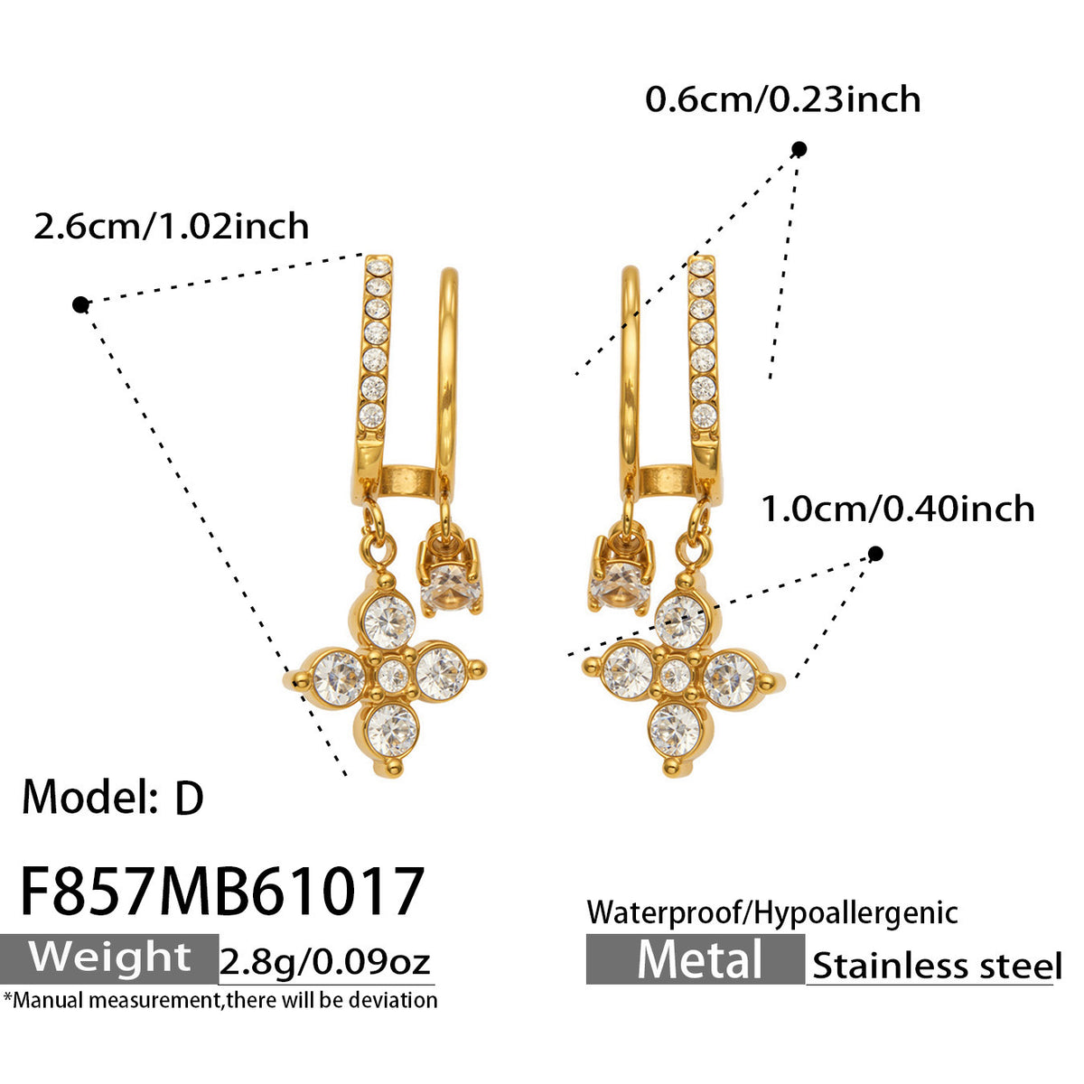 F857 Model D gold-tone stainless steel flower CZ drop earrings with size specifications