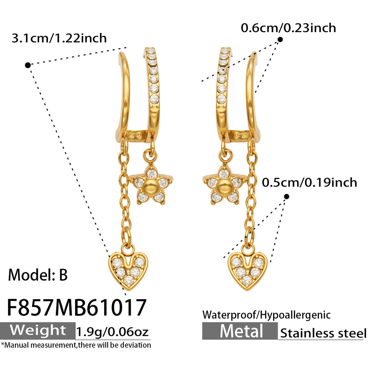 F857 Model B gold-tone stainless steel heart CZ drop earrings with size specifications