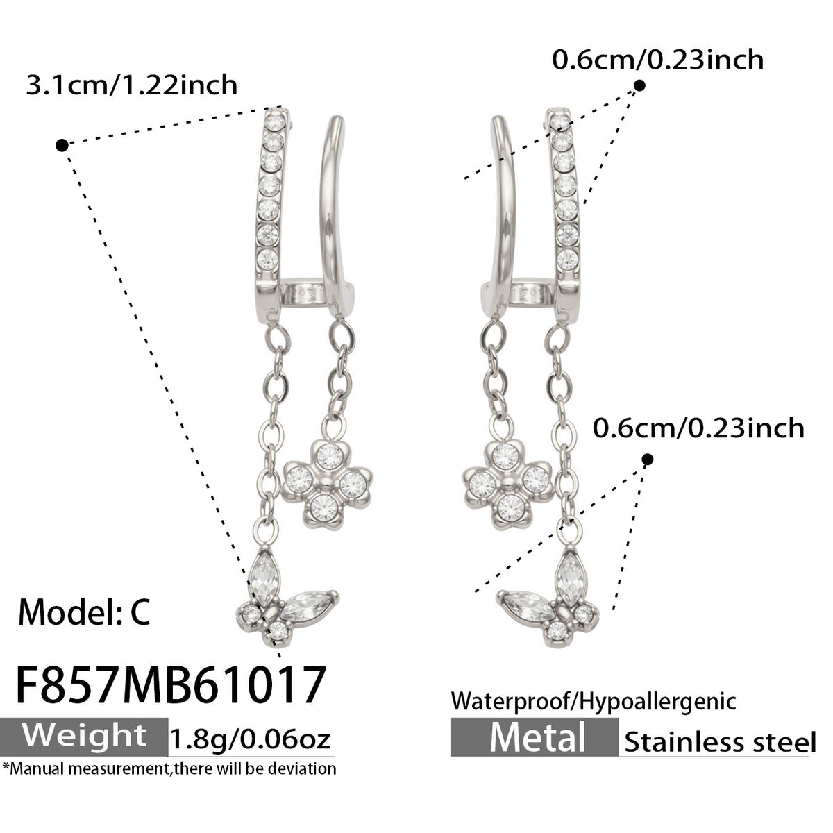 F857 Model C steel-tone stainless steel butterfly CZ drop earrings with size specifications
