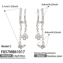 F857 Model C steel-tone stainless steel butterfly CZ drop earrings with size specifications